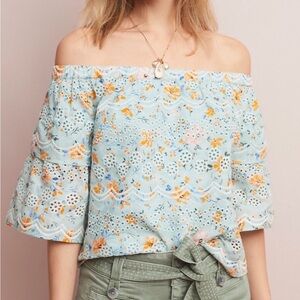 LAIA by Anthropologie Off-Shoulder Floral Eyelet Top in Light Blue